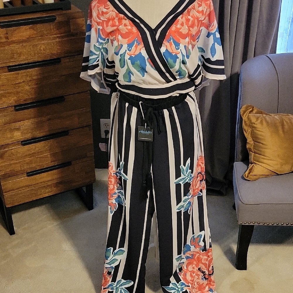 Annabelle Floral Striped 2 Piece Pant Set - Black, White, Red, Blue